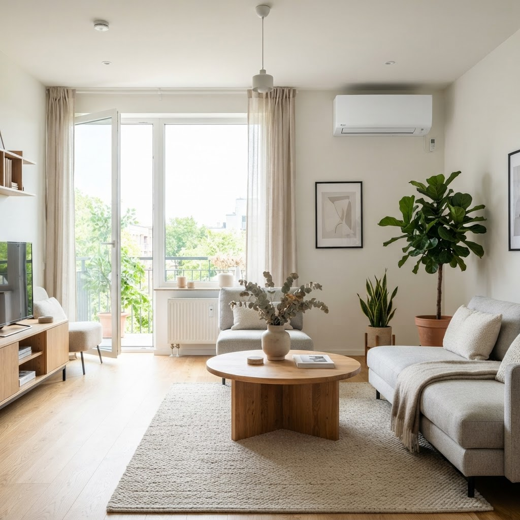 Modernes Wohnzimmer mit installierter Split-Klimaanlage